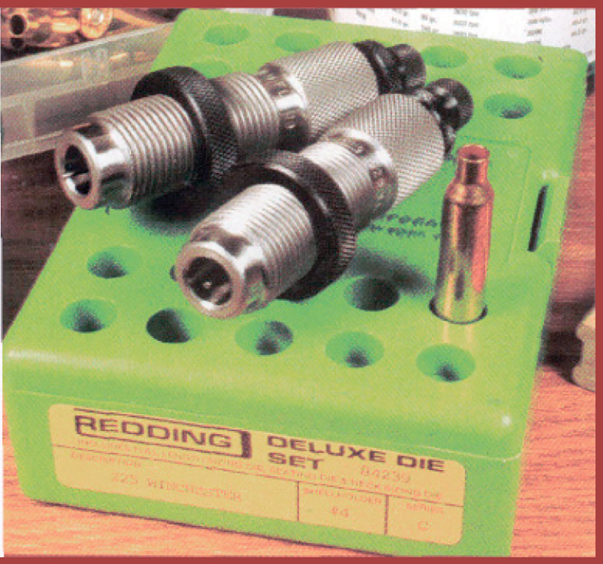 Redding’s Deluxe Die Set is shown here with the full-length and neck-sizing dies.